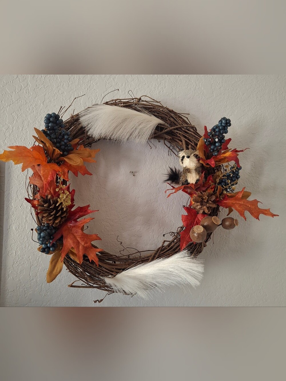 Autumn Harvest Fall Wreath with Racoon Figure